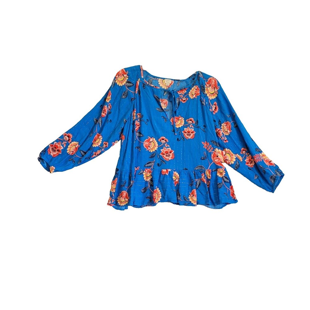 Loft Beach Womens Top Small Blue Floral Tie Neck Peasant Boho Peplum Hem